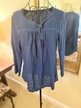 Lucky Brand Navy Lace Yoke Long-Sleeve Tee with Tassel Tie